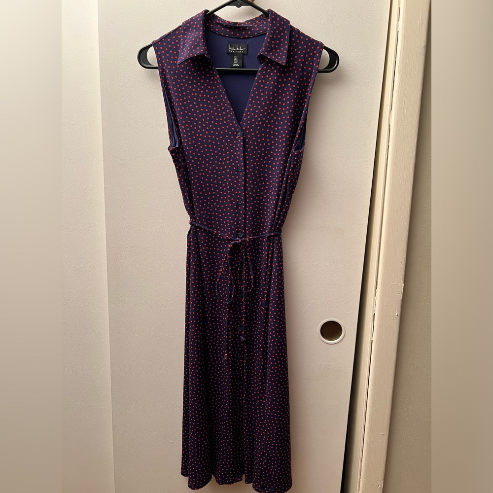 Nicole Miller navy and red polka dot midi dress. Size 2